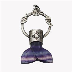 Natural Multicolor Fluorite Mermaid-tail Pendant Alloy Fish Antique Silver, approx 27-50mm