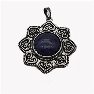 Alloy Flower Pendant Pave Blue Sandstone Antique Silver, approx 18mm, 40mm