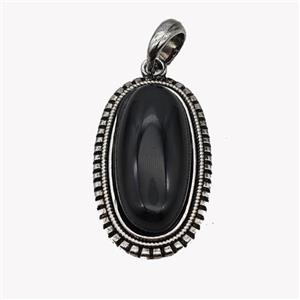 Alloy Oval Pendant Pave Black Obsidian Antique Silver, approx 13-30mm, 25-35mm