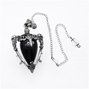 Black Obsidian Alloy Pendulum Pendant With Chain Antique Silver, approx 35-50mm, 8mm, 20cm length