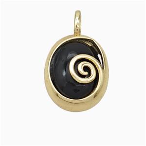 Copper Oval Pendant Pave Black Obsidian Gold Plated, approx 14-18mm