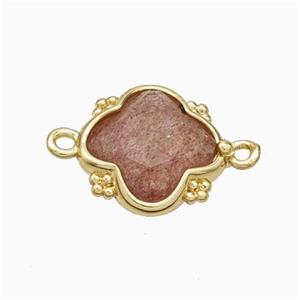 Natural Pink Strawberry Quartz Clover Connector Gold Plated, approx 15mm