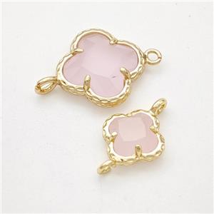 Pink Jadeite Glass Clover Connector Gold Plated, approx 14mm