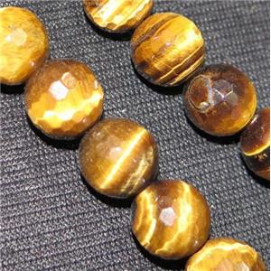 tiger eye stone beads, faceted round, yellow, approx 10mm dia, 15.5 inches