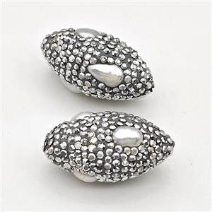 white pearl beads paved silver rhinestone, Rice, approx 19-33mm