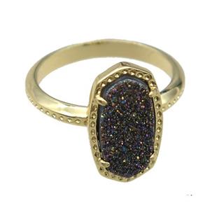 copper Rings with rainbow Quartz Druzy, gold plated, approx 8-14mm, 18mm dia
