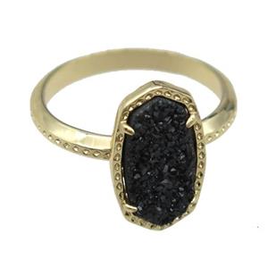 copper Rings with black Quartz Druzy, gold plated, approx 8-14mm, 18mm dia