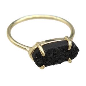 copper Rings with black Quartz Druzy, gold plated, approx 7-14mm, 18mm dia