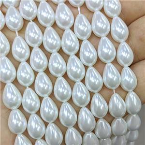 White Pearlized Glass Teardrop Beads, approx 9-13mm