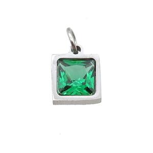 Raw Stainless Steel Square Pendant Pave Green Zircon, approx 6x6mm