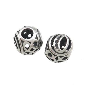 Titanium Steel Round Beads Letter-Q Large Hole Hollow Antique Silver, approx 9-10mm, 4mm hole