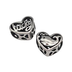 316 Stainless Steel Heart Beads Lucky Dolphin Hollow Large Hole Antique Silver, approx 12mm, 4mm hole