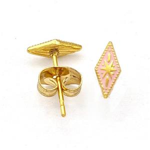 Stainless Steel Compass Stud Earring Pink Enamel Gold Plated, approx 4-8mm