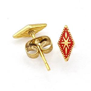Stainless Steel Compass Stud Earring Red Enamel Gold Plated, approx 4-8mm