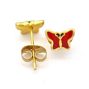 Stainless Steel Butterfly Stud Earring Red Enamel Gold Plated, approx 5.5-7.5mm