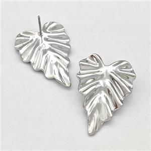 Raw Stainless Steel Stud Earring Leaf, approx 18-25mm
