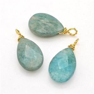 Natural Green Amazonite Teardrop Pendant Faceted Wire Wrapped, approx 8-12mm