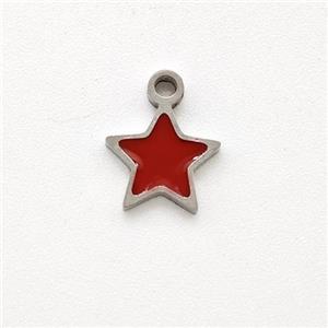 Raw Stainless Steel Star Pendant Red Enamel, approx 5mm