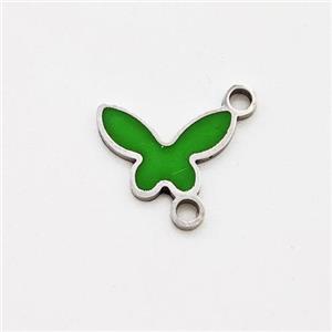 Raw Stainless Steel Butterfly Pendant Green Enamel, approx 7-11mm