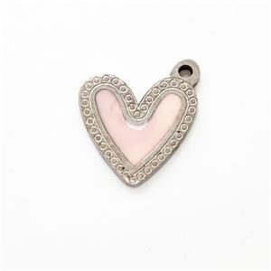 Raw Stainless Steel Heart Pendant Pink Enamel, approx 11mm