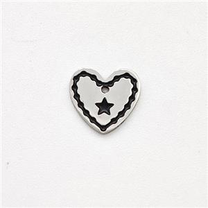 Raw Stainless Steel Heart Pendant Black Enamel Star, approx 8mm