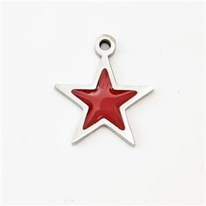 Raw Stainless Steel Star Pendant Red Enamel, approx 12mm