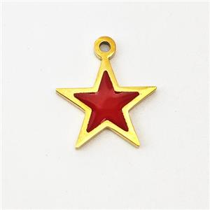 Stainless Steel Star Pendant Red Enamel Gold Plated, approx 12mm