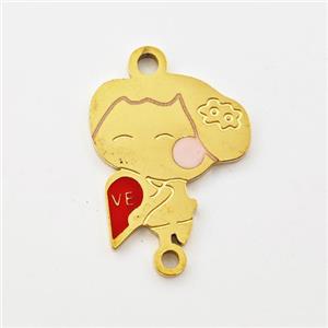 Stainless Steel Kids Girls Connector Split Heart Red Enamel Gold Plated, approx 15-17mm
