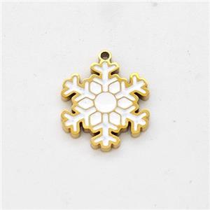 Christmas Snowflake Charms Stainless Steel Pendant White Enamel Gold Plated, approx 11mm