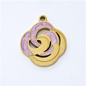 Stainless Steel Flower Pendant Lavender Painted Gold Plated, approx 14mm