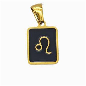 Stainless Steel Symbol Pendant Zodiac Leo Black Enamel Rectangle Gold Plated, approx 11-13mm