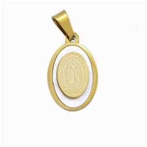 Virgin Mary Charms Stainless Steel Oval Pendant Pave Shell Gold Plated, approx 13-18mm