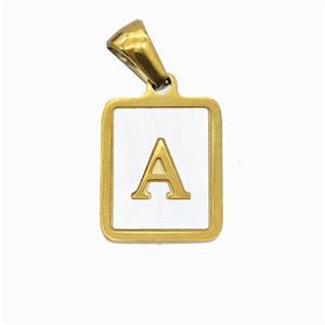 Stainless Steel Rectangle Pendant Pave Shell Letter-A Gold Plated, approx 12-15mm