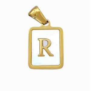 Stainless Steel Rectangle Pendant Pave Shell Letter-R Gold Plated, approx 12-15mm