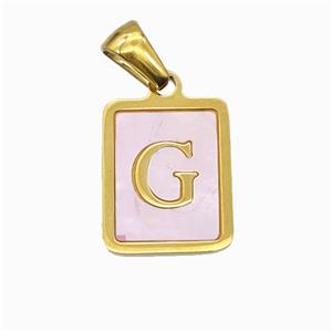 Stainless Steel Rectangle Pendant Pave Pink Shell Letter-G Gold Plated, approx 12-15mm