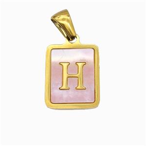 Stainless Steel Rectangle Pendant Pave Pink Shell Letter-H Gold Plated, approx 12-15mm