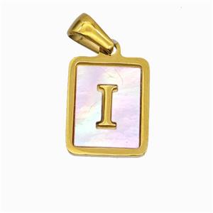 Stainless Steel Rectangle Pendant Pave Pink Shell Letter-I Gold Plated, approx 12-15mm