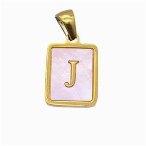 Stainless Steel Rectangle Pendant Pave Pink Shell Letter-J Gold Plated, approx 12-15mm