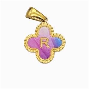 Stainless Steel Clover Pendant Letter-R Painted Gold Plated, approx 15mm