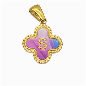 Stainless Steel Clover Pendant Letter-S Painted Gold Plated, approx 15mm