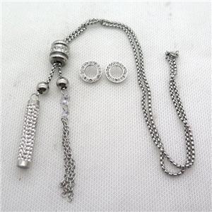 stainless steel necklace and earring, platinum plated, approx 2.5mm, 8-40mm, 70mm, 14mm dia