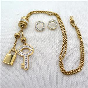 stainless steel necklace and earring, key lock, gold plated, approx 2.5mm, 20-30mm, 13-20mm, 14mm dia