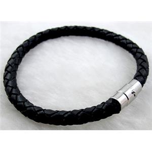 Black Leather Bracelet, magnetic clasp, 6mm dia, 8 inch length